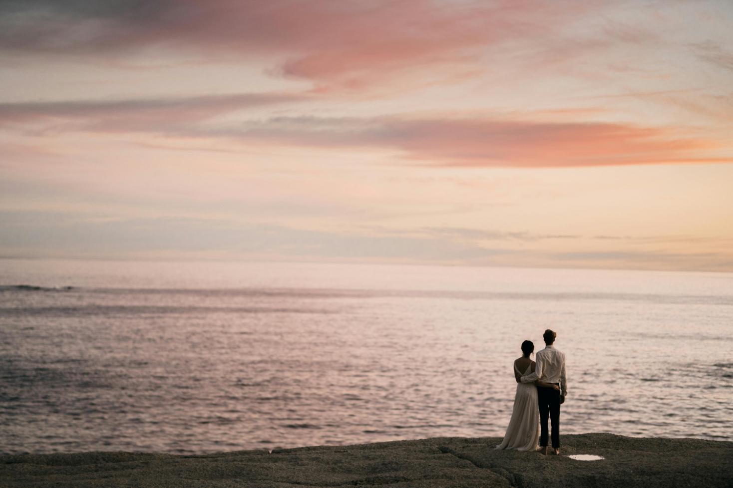 Rose gold wedding theme - couple, beach, pink sunset