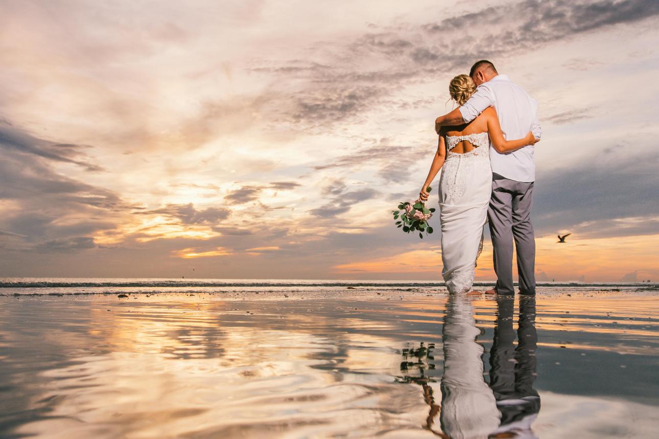 Rose gold wedding theme - couple, hug, sea, sunset