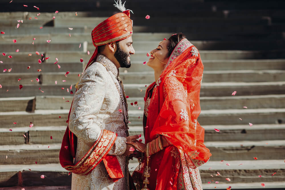 Red and gold traditional wedding attire - couple, wedding