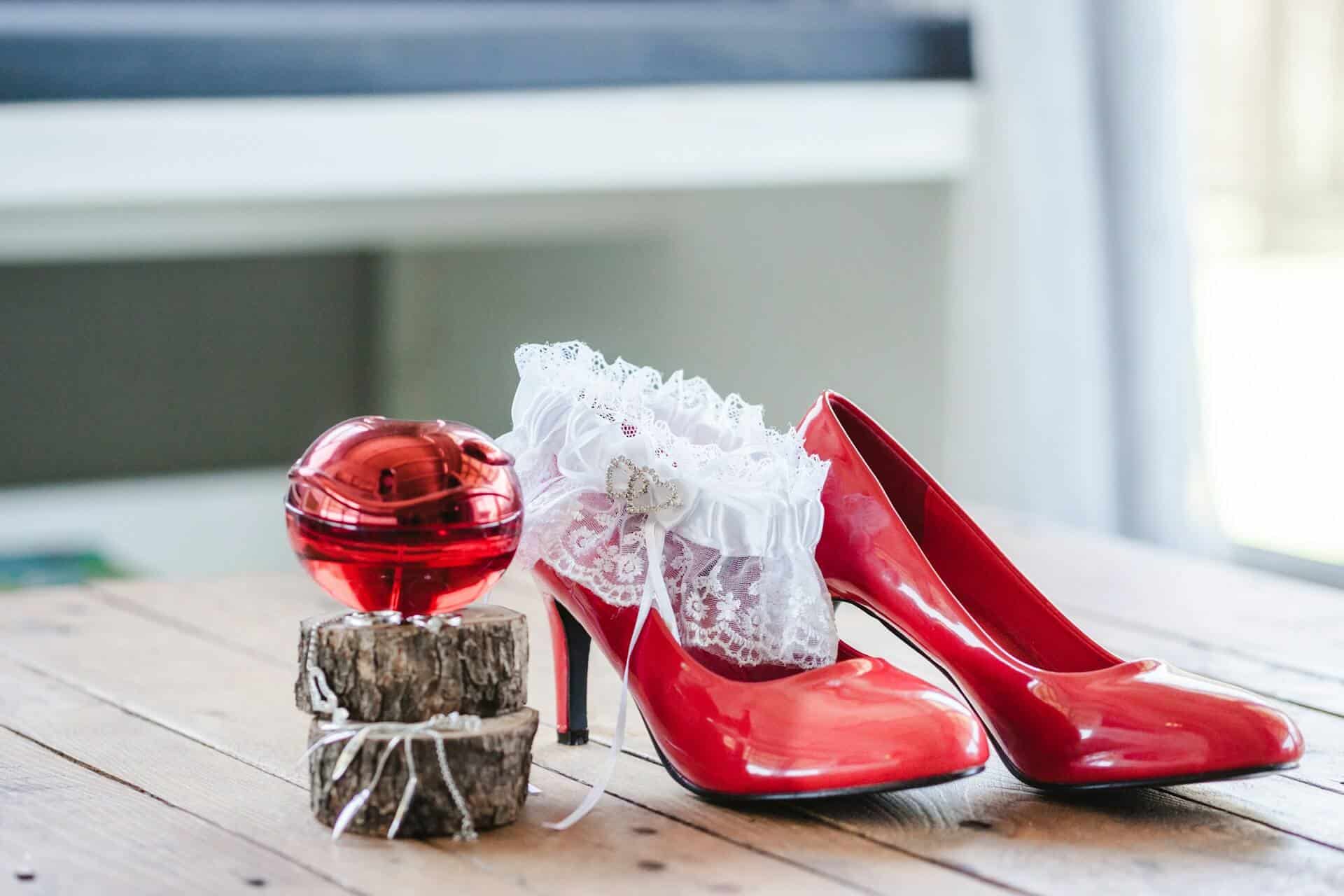 Red and gold traditional wedding attire - red heels