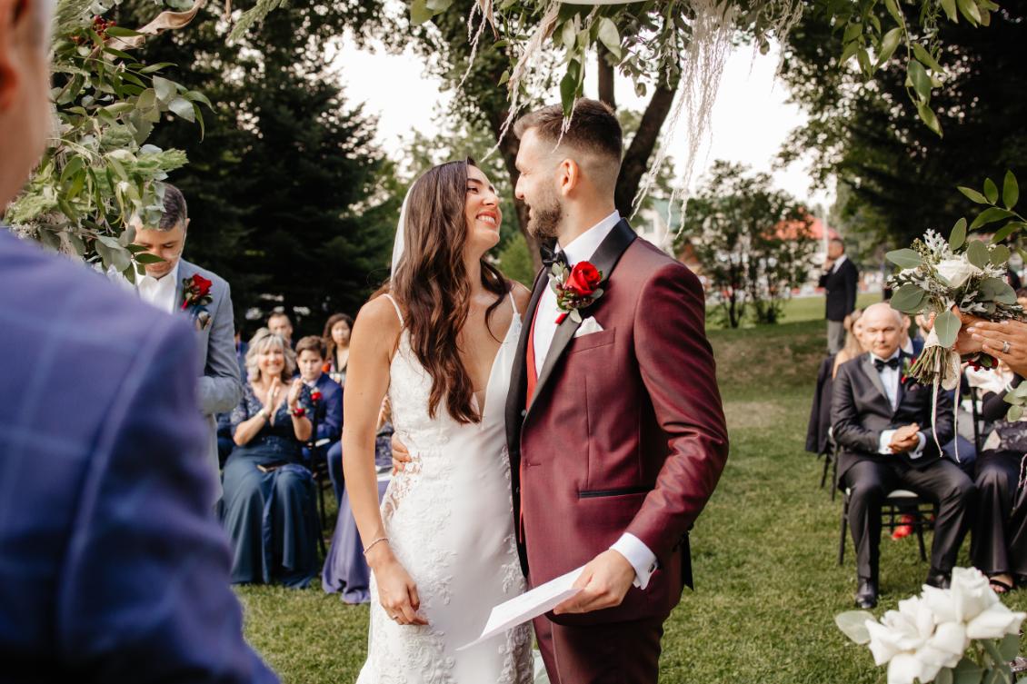 Shabby chic wedding attire for both the bride and the groom