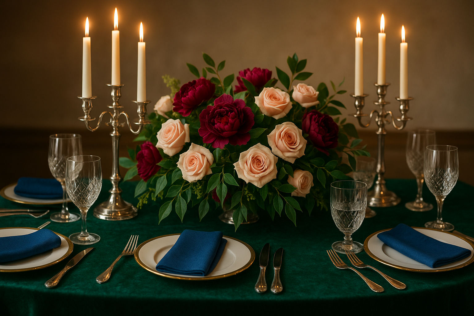 Combining emerald green with other colors for a richer wedding palette - burgundy, royal blue, pink and silver